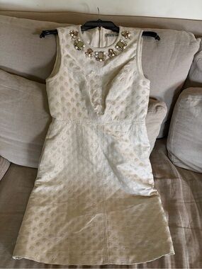 Sleeveless Cream Textured Jewel-Neck Dress